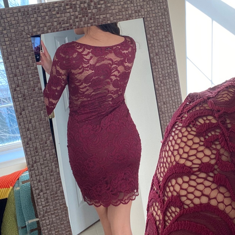 SEXY BURGUNDY Long sleeve Midi Cocktail Dress - Picture 2 of 3